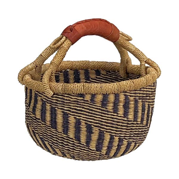 African Bolga Baskets : Navy/Nat. Mini w/Leather (G-149AN+)