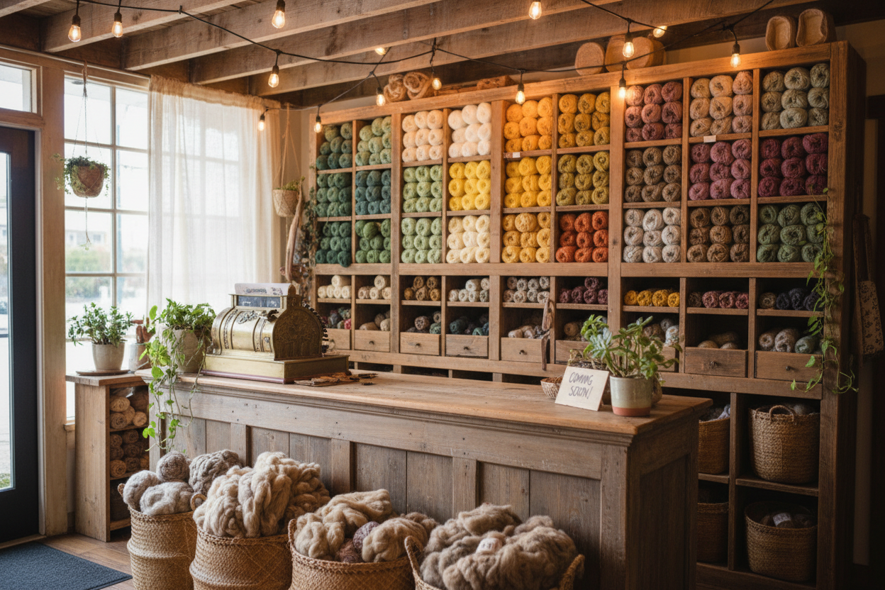 A realistic staged photo of a cozy craft shop interior: shelves of yarn, wooden compartments, baskets with roving, a rustic counter, potted plants, warm string lights. Looks like a small boutique fiber-arts store. Greens, creams, golds, mauves. Cozy, inviting, and believable as a “coming soon” shop interior.
