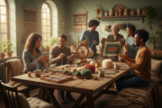 A welcoming creative workshop scene with people crocheting, spinning yarn, and laughing together around a large wooden table. Scattered art supplies, steaming tea mugs, and soft natural light. Calm, inspiring atmosphere with warm textures and earthy colors.