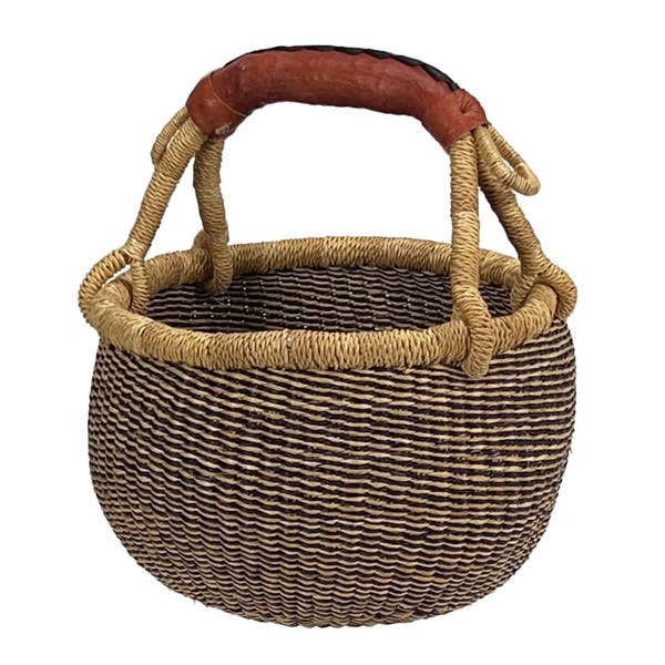 African Bolga Baskets : Navy/Nat. Mini w/Leather (G-149AN+)