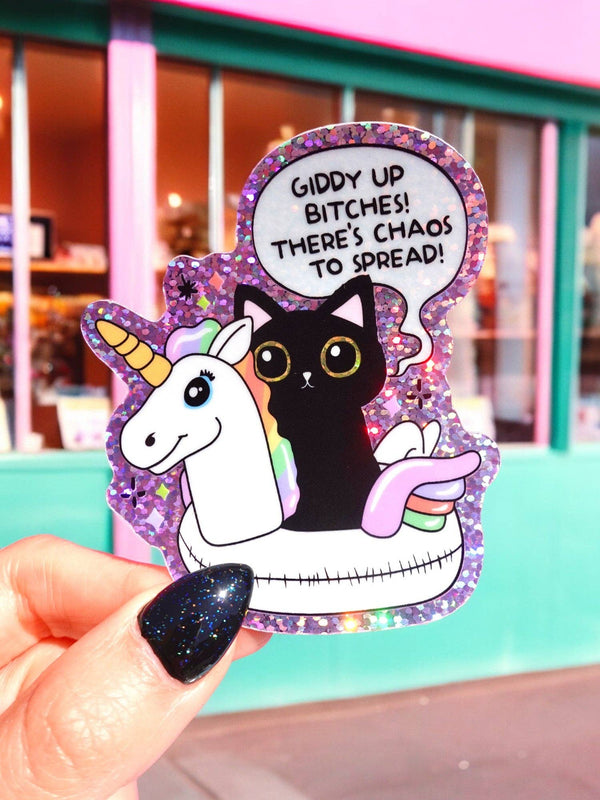 Giddy Up Bitches – Funny Cat & Unicorn Glitter Vinyl Sticker