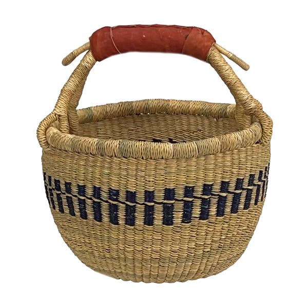 African Bolga Baskets : Navy/Nat. Mini w/Leather (G-149AN+)