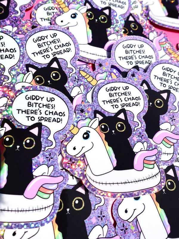 Giddy Up Bitches – Funny Cat & Unicorn Glitter Vinyl Sticker