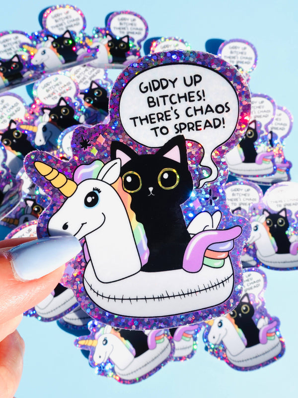 Giddy Up Bitches – Funny Cat & Unicorn Glitter Vinyl Sticker